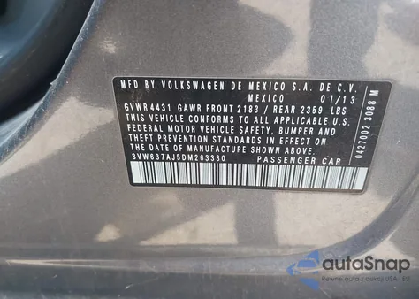 2013 Volkswagen Jetta Hybrid Sel z USA, uszkodzony, nr VIN 3VW637AJ5DM263330